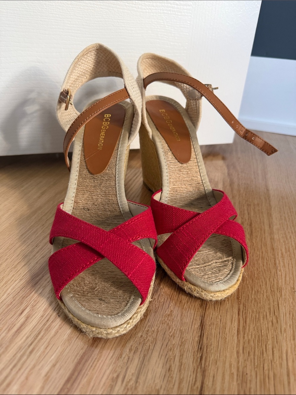 BCBGeneration Red Crisscross Wedge Sandals with Tan Ankle Strap